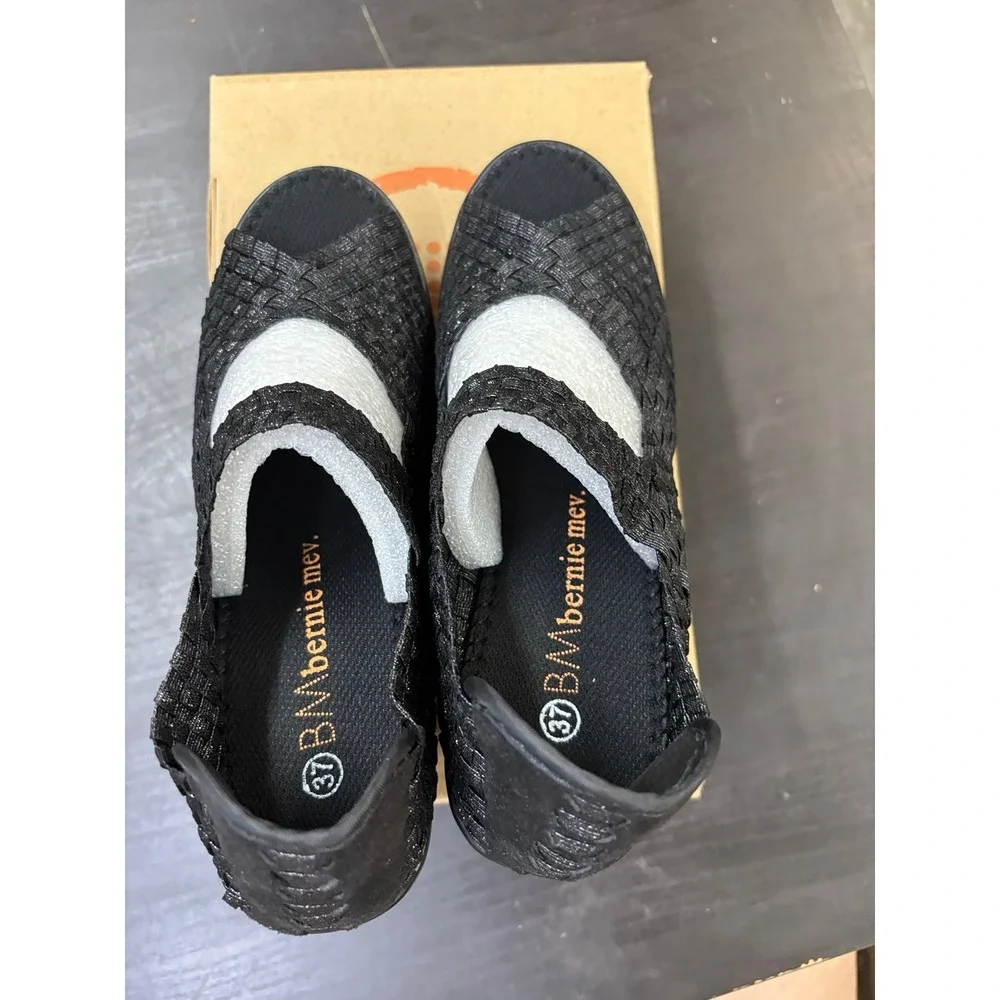 Bernie Mev Lane Black Metallic Woven Elastic Wedge Sandals Womens Size 38 US 7.5